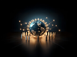 A glowing Earth encircled by interconnected nodes and surrounded by small figures, symbolizing global connectivity and community.