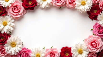 Romantic floral border with open space for text, designed for Valentine’s Day greetings. The soft pastel tones of the flowers add a touch of charm, creating a warm and inviting composition.