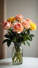 In a vase pink and yellow roses - backdrop for a birthday, Valentine's Day, Mother's Day, wedding, engagement