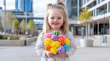 Fototapeta premium A smiling young girl stands outdoors in a city plaza holding a colorful bunch of bright plastic building toys.