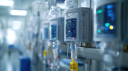 A close-up of advanced infusion pumps delivering medication in a patient hospital room