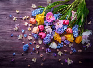 A vibrant spring bouquet of tulips and hyacinths in various colors rests on a dark wooden surface, scattered petals adding to the colorful display.