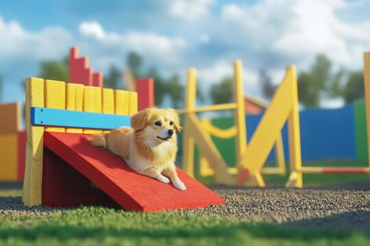 Dog enjoys agility training on a colorful course in a sunny park
