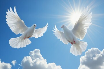 Fototapeta premium Two white doves soaring in a bright blue sky with fluffy clouds and sunlight