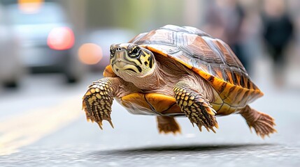 A turtle sprinting at an incredibly high speed down a crowded city street, narrowly dodging cars and pedestrians with a look of determination on its face.