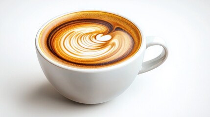 A realistic 3D render of a steaming cup of coffee, placed on a pristine white background, showcasing the intricate details of the frothy foam and swirling patterns on the surface of the dark
