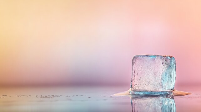 single melting ice cube resting on glass surface with faint water trails and blurred gradient background