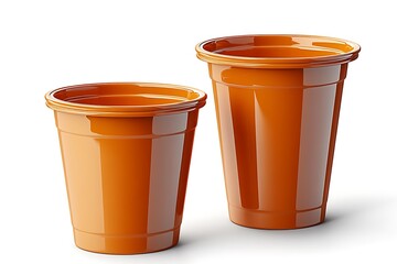Two Different Sizes of Orange Plastic Disposable Cups on White Background