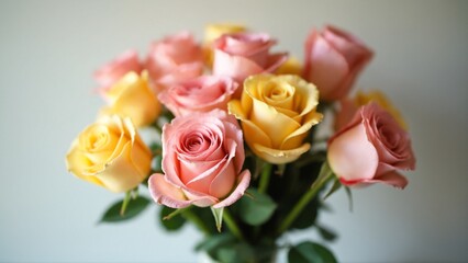 Obraz premium In a vase pink and yellow roses - backdrop for a birthday, Valentine's Day, Mother's Day, wedding, engagement