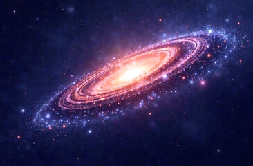 A round galaxy with a huge star in the center. The scene is set against a dark blue gradient background, creating a stunning backdrop for the banner, screensaver or photo wallpaper.