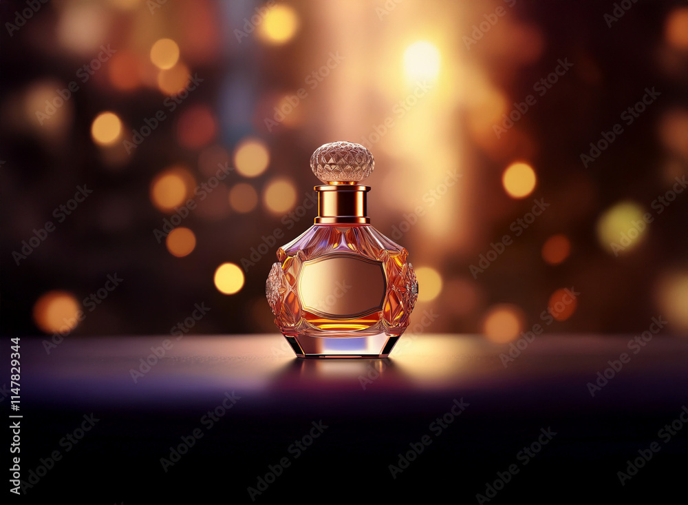 Poster an elegant perfume bottle sits on a dark surface, illuminated by warm, bokeh-filled lights. its orna