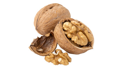 Cracked open walnut with visible nut isolated transparent background