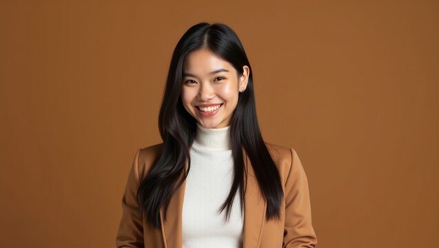 young woman with dark straight long hair and a confident smile wearing a white turtleneck top and a brown blazer on a brown background