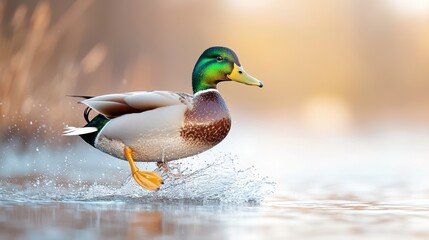 Fototapeta premium The Mallard duck gracefully glides across the water, its vibrant green head and distinctive yellow bill standing out against the rippling surface