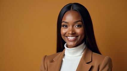 young black woman with dark straight long hair and a confident smile wearing a white turtleneck top and a brown blazer on a brown background
