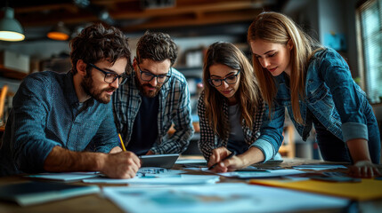 Team collaborating on creative project in modern office environment