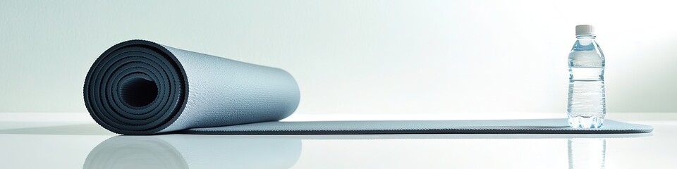 clean flat lay of yoga mat rolled up next to water bottle on smooth white surface under soft directional lighting