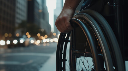 Naklejka premium Close-Up of a Wheelchair in an Urban Setting with Blurred City Lights