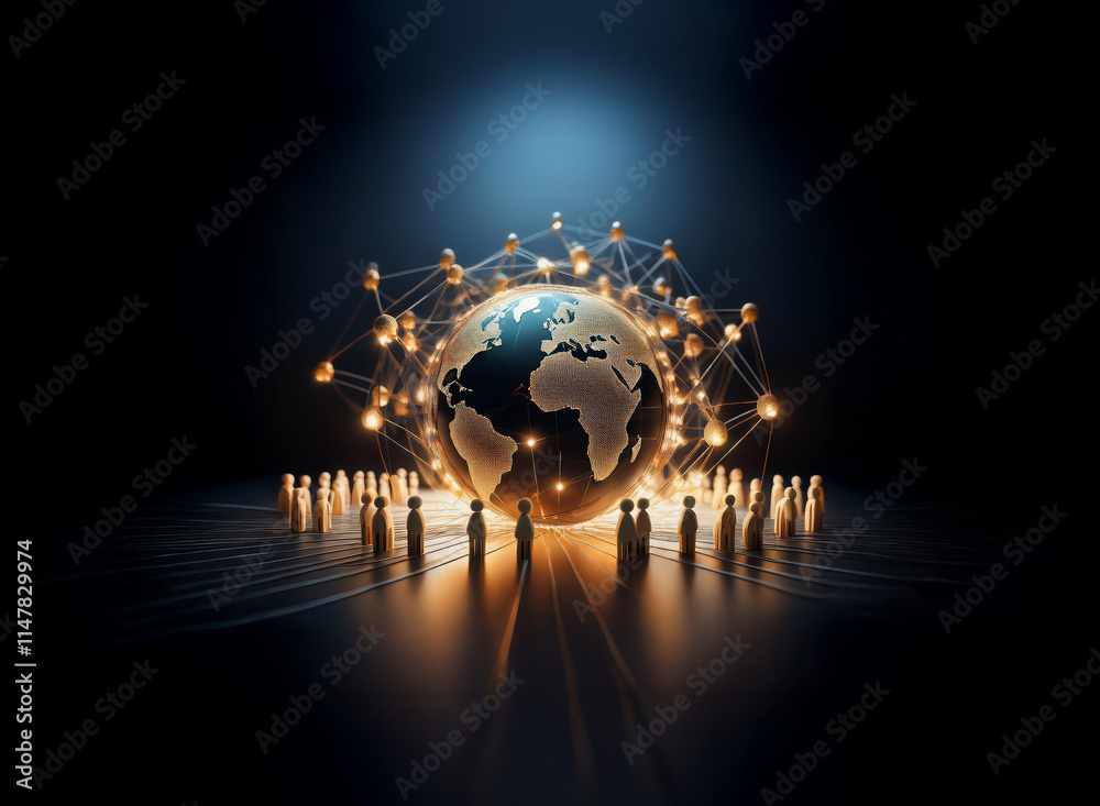 Poster A glowing earth encircled by interconnected golden figures, symbolizing global networking and human connection in a dark, futuristic setting.  The image evokes themes of unity, technology, and worldwi