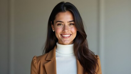 young woman with dark straight long hair and a confident smile wearing a white turtleneck top and a brown blazer on a brown background