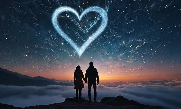 silhouette of a couple on the beach and heart