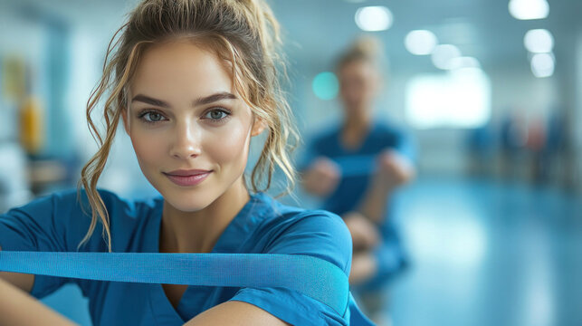 A nurse helping a patient with physical therapy exercises using resistance bands