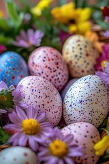 Obraz premium Colorful Speckled Easter Eggs Surrounded by Vibrant Spring Flowers