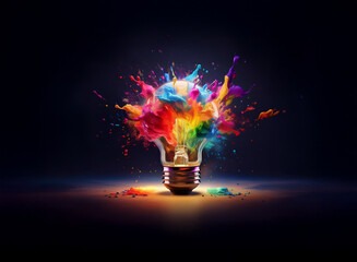 A lightbulb explodes in a vibrant, multicolored paint splash against a dark background.  The image symbolizes creativity and innovation.