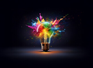 A lightbulb explodes with vibrant, multicolored paint splashes against a dark background, symbolizing creative inspiration and innovative thinking.