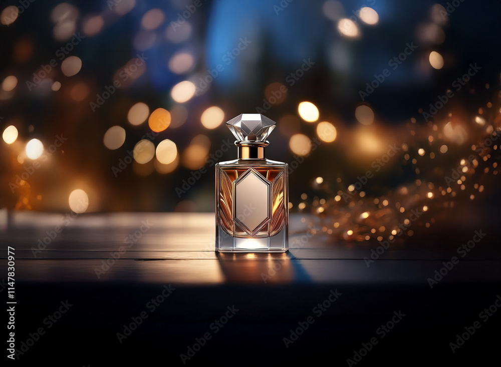 Poster a luxurious perfume bottle sits on a dark wooden surface, illuminated by warm, sparkling lights. the