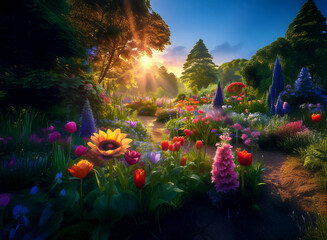 Fototapeta premium A vibrant sunrise illuminates a lush garden path, blooming with tulips, sunflowers, and other colorful flowers. A tranquil stream meanders through the scene.