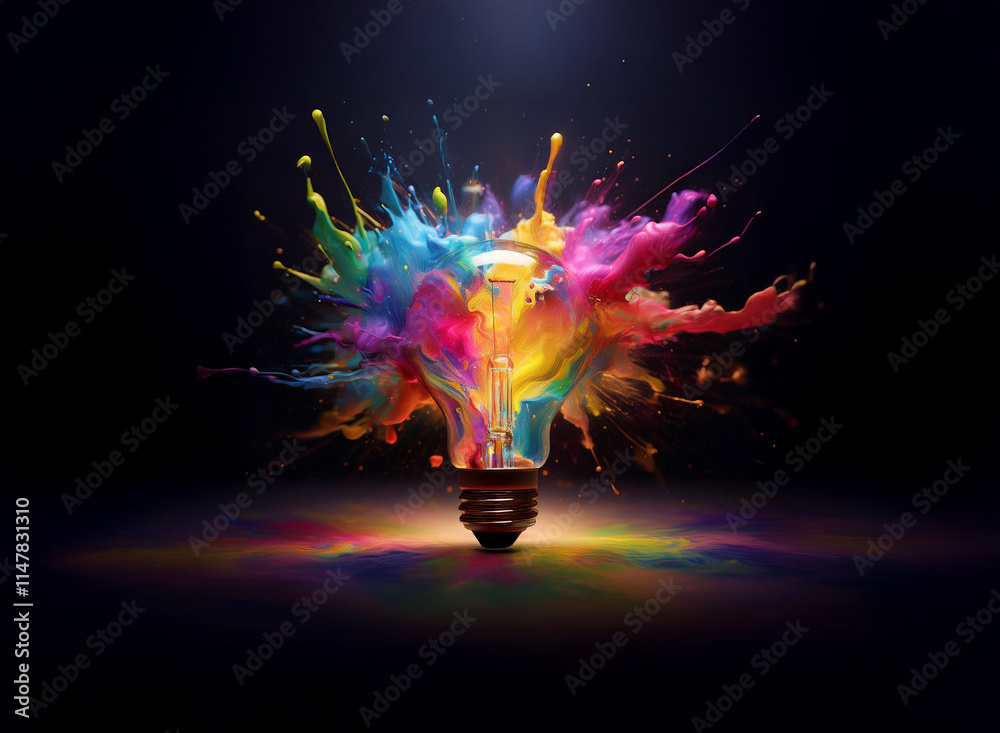 Aufkleber A lightbulb explodes in a vibrant burst of multicolored paint, symbolizing creative energy and innovative thinking.  The image is dark, highlighting the bright, colorful explosion.