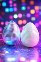 Modern Disco Egg Decor with Vibrant Neon Lighting and Geometric Reflections