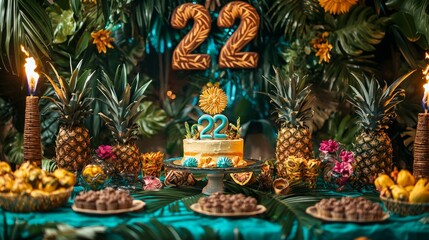 Luau-themed decorations create a lively atmosphere for a 22nd birthday celebration, featuring a beautiful cake, fresh pineapples, and colorful flowers. Guests enjoy tropical treats in a lush setting