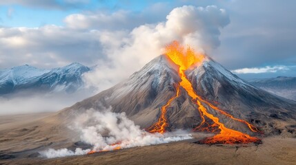 The erupting volcano spewed rivers of molten lava, sending cascading flows down its steaming flanks, enveloped in thick billows of white smoke.