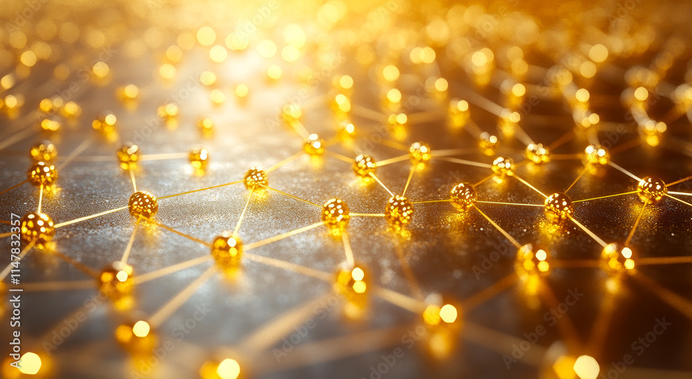 Wall mural a gold colored surface with many small gold balls scattered across it. the balls are connected to ea