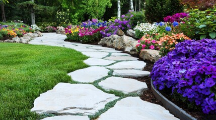 An elegant stone pathway, framed by stylish metal edging, meanders through a vibrant garden bursting with colorful blooms. The image captures the harmonious balance between hardscape and softscape,