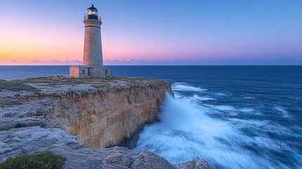 Obraz premium Majestic lighthouse on cliff, ocean waves crashing, sunset sky.