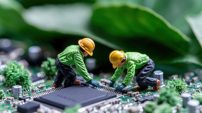 Miniature workers repairing a circuit board amidst lush green leaves.