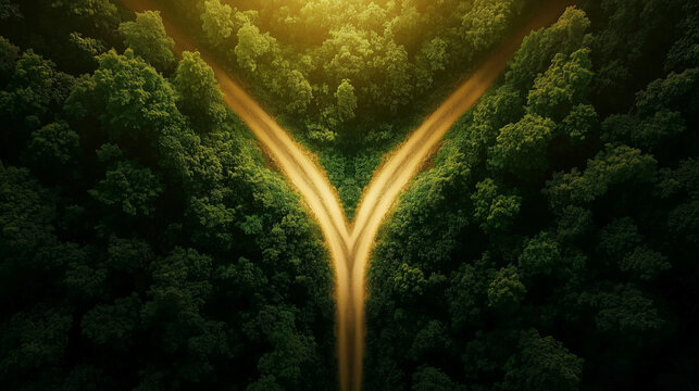 Forked Path in a Dense Forest with Sunlight Streaming Through Trees