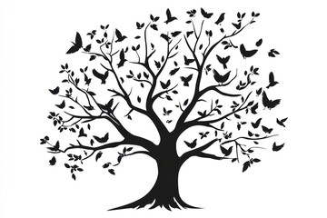 Black silhouette tree with birds flying around.