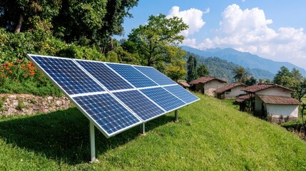Rural solar panel installation on a hillside, providing clean energy to a village.