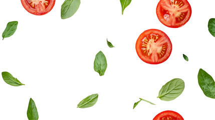 Falling Tomatoes, Basil Leaves, Red, Green, Fresh, Food, Ingredients, Culinary, Pizza, Recipe