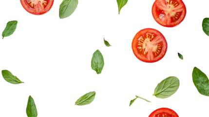 Falling Tomatoes, Basil Leaves, Red, Green, Fresh, Food, Ingredients, Culinary, Pizza, Recipe