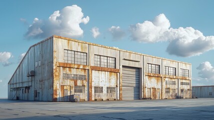 Obraz premium Rusty Industrial Hangar under a Cloudy Sky
