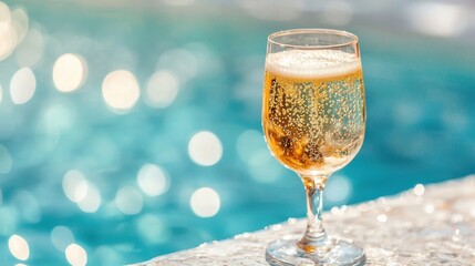 A clear glass filled with effervescent liquid sits precariously on the edge of the sparkling blue pool