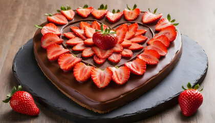 Delicious Heart-Shaped Chocolate Cake Decorated with Fresh Strawberries