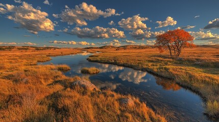 Obraz premium Serene autumn landscape a tranquil stream reflects the sky and a fiery tree in a golden meadow under a vibrant blue sky dotted with fluffy white clouds.