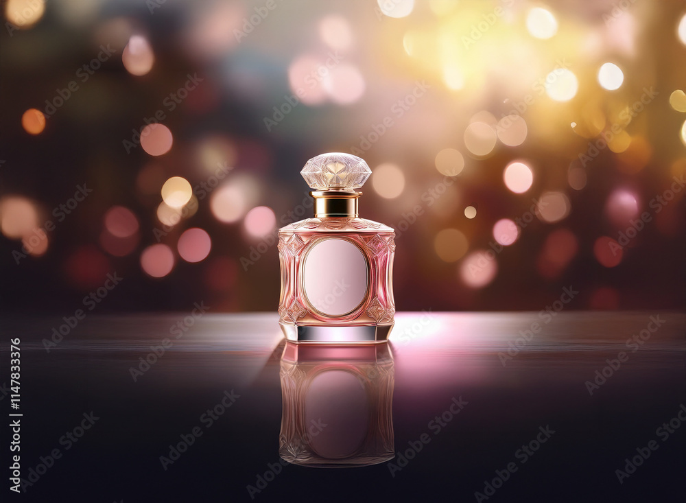Poster A luxurious perfume bottle with a gold cap sits on a reflective surface, illuminated by a warm, bokeh-style background.  Its elegant design suggests a sophisticated and alluring scent.