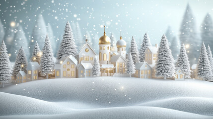 Snowy winter village scene with glowing lights and decorated Christmas trees.